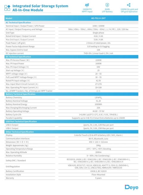 DEYE All In One AE-FS2.0-2H2 (1000W Wechselrichter + 2kWh Batterie) Niederspannung