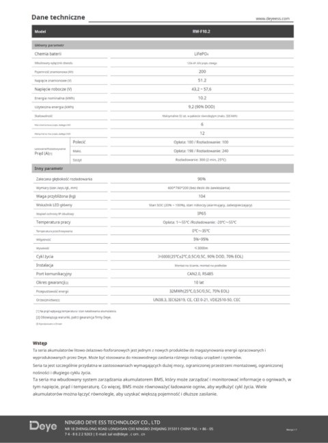 Deye Bateria RW-F10.2 51,2V 200Ah 10,2 kWh IP65 (niskonapięciowy)