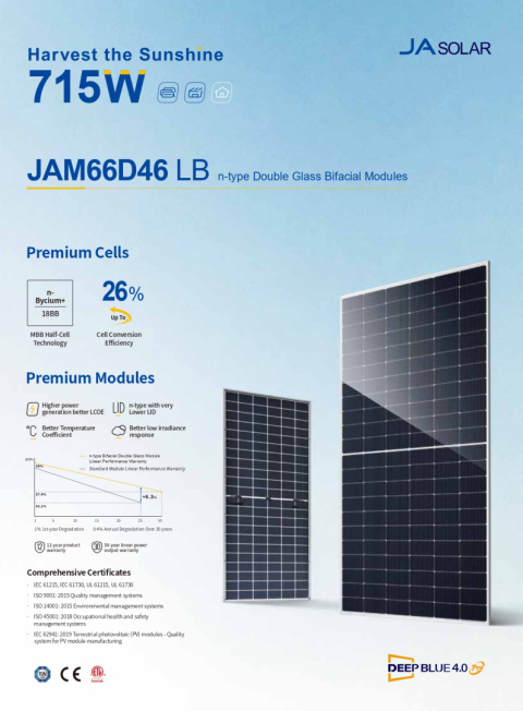 JA SOLAR JAM66D46-710/LB Double Glass Bifacial Modules (N-Type) JA SOLAR JAM66D46-710/LB Double Glass Bifacial Modules (N-Type)