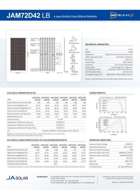 JA SOLAR JAM72D42-630W LB BIFACIAL (N-Type) MC4-EVO2 JA SOLAR JAM72D42-630W LB BIFACIAL (N-Type) MC4-EVO2