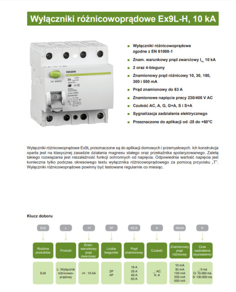 NOARK Wyłącznik różnicowoprądowy 3-faz 4P 25A 100mA 6kA TypA (108365)