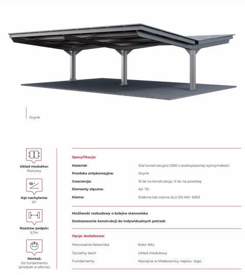 Wiaty / Carport T1 z konstrukcją pod PV (Rozstaw podpór 5m) Wiaty / Carport T1 z konstrukcją pod PV (Rozstaw podpór 5m)