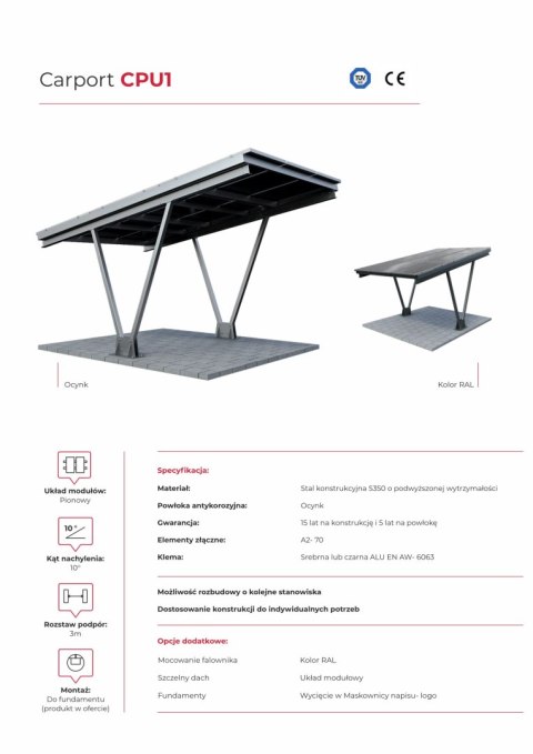 Wiaty / Carport V1 z konstrukcją pod PV (układ 3 moduł pionowo L Wiaty / Carport V1 z konstrukcją pod PV (układ 3 moduł pionowo L