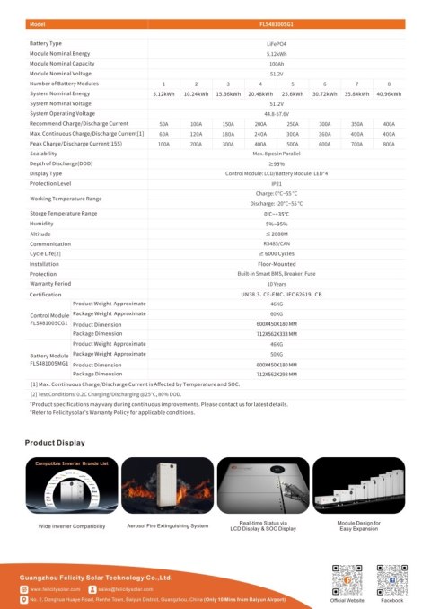 Felicity Zusatzbatterie FLS48100SMG1 5,12 kWh 51,2 V für LUX-X-48100LCG01 (Niederspannung) (FSL48100SMG1)