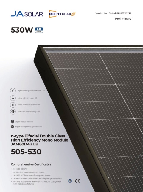 JA SOLAR JAM60D42 BIFACIAL 530W LB Black Frame (N-Type) MC4JA SOLAR JAM60D42 BIFACIAL 530W LB Black Frame (N-Type) MC4