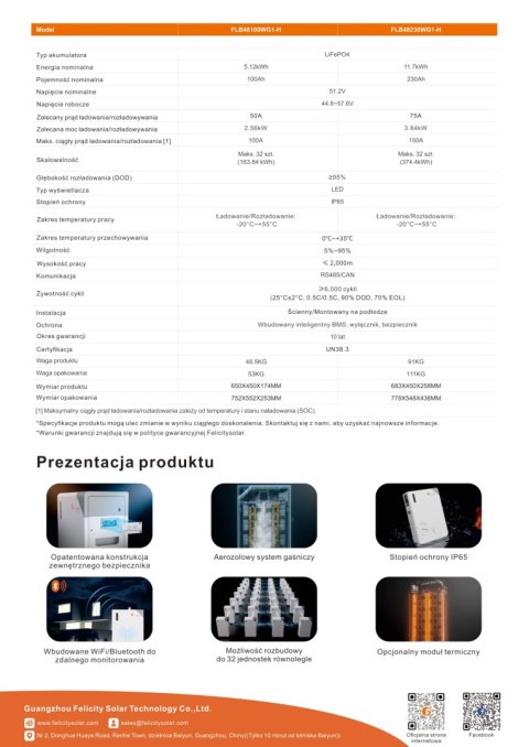 Felicity Bateria FLB48100WG1-H 5,12kWh 51,2V (IP65) z funkcją grzania (niskonapięciowy)