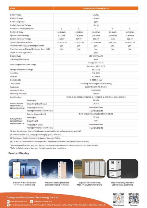 Felicity FLH96050SMG2-H Battery 5.12KWh 102.4V (IP65) with heating function (high voltage)