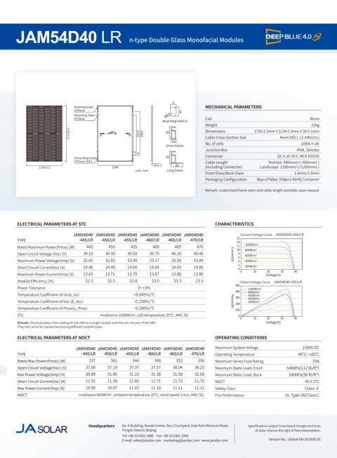JA SOLAR JAM54D40 465W LR Czarna rama MC4 Monofacial (N-Type)