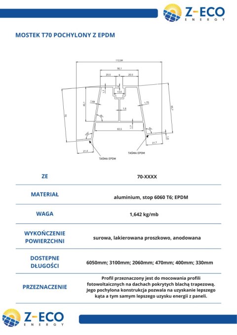 Mostek Trapezowy pochylony Wys=70mm L:6050mm bez EPDM