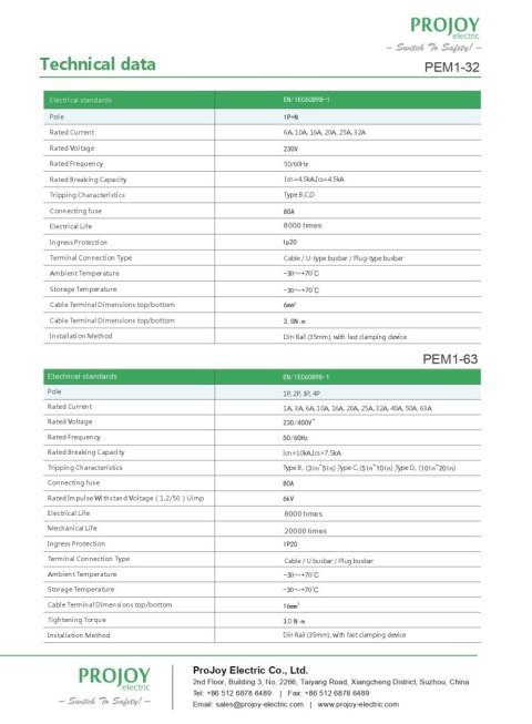 PROJOY Wyłącznik nadprądowy PEM2-63 3P typ B 63A 6kA AC (300059)