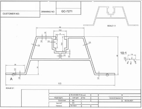 Trapezförmige Brücke Höhe=40mm L:2060mm ohne EPDM