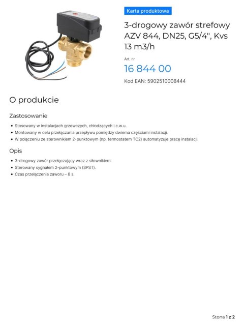 AFRISO 3-Drogowy zawór strefowy AZV 844, DN25, G5/4'', KVS 13 M3/H AFRISO 3-Drogowy zawór strefowy AZV 844, DN25, G5/4'', KVS 13 M3/H