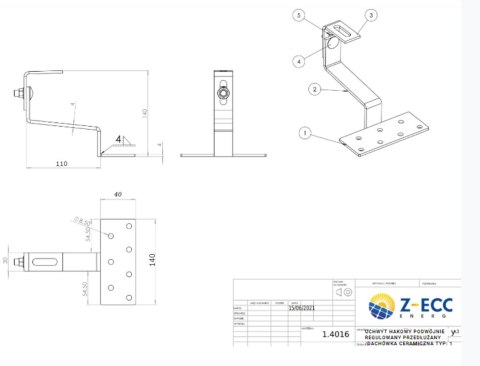 Adjustable Tile Roof Hook T-type with single adjustment L=140mm